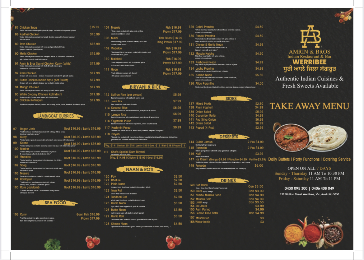 Menu Amrin And Bros Indian Restaurant & Bar-3